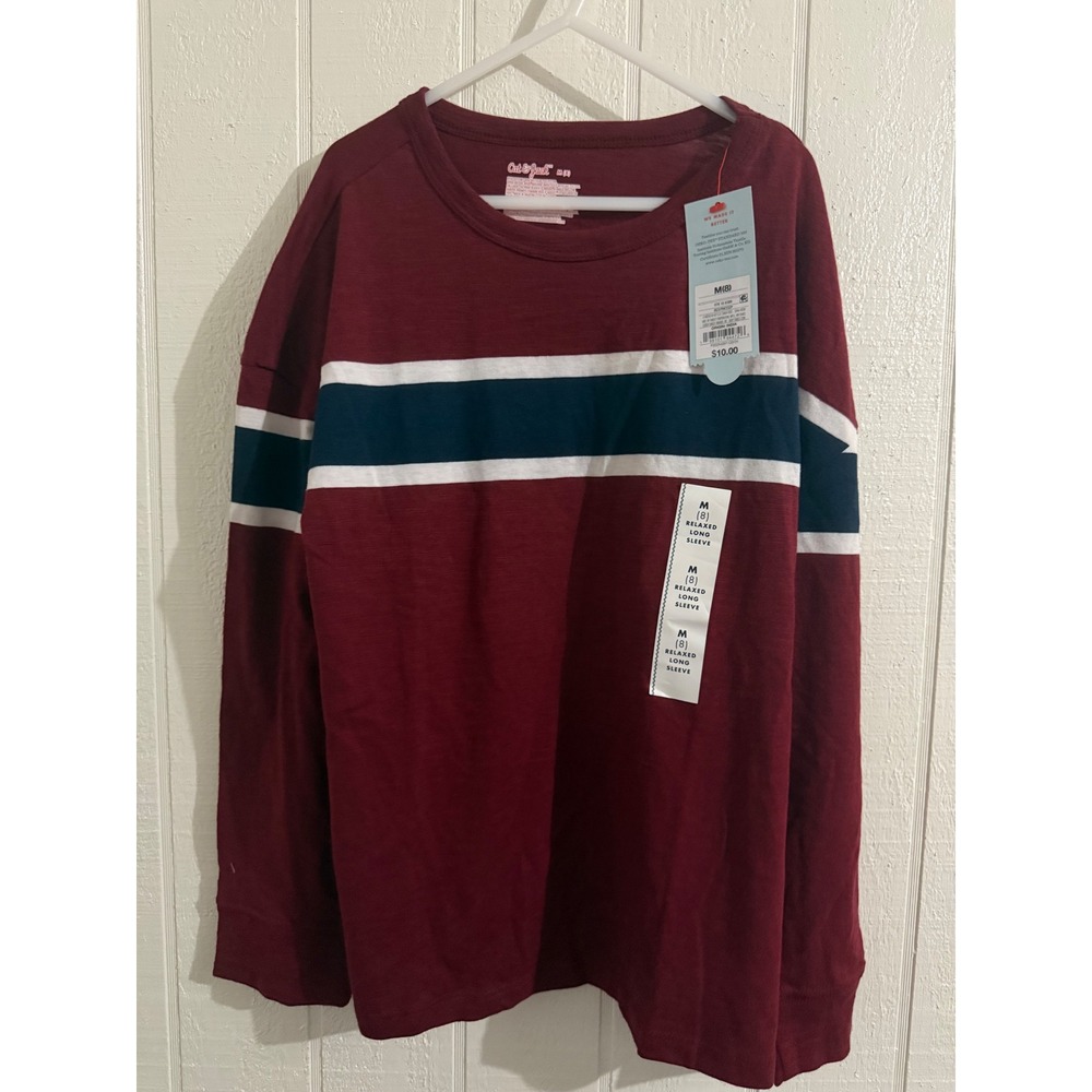 Cat & Jack Boys Relaxed Long Sleeve T-Shirt Burgundy Navy White Stripe Size M 8